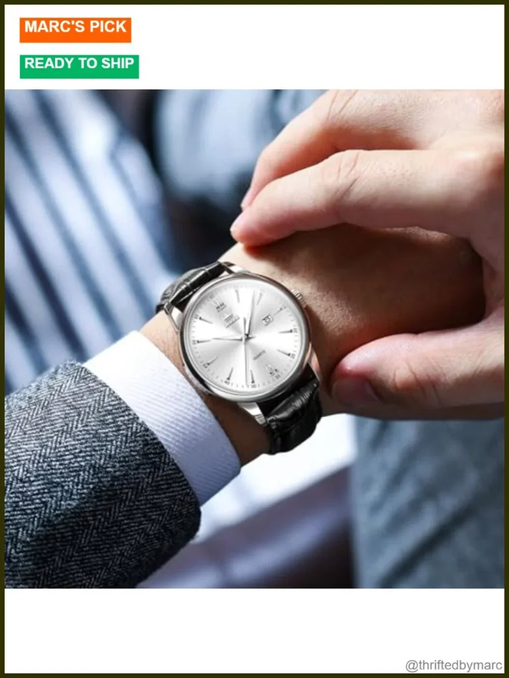 Leather Strap Quartz Watch with Date Window, Easy to Read Dial